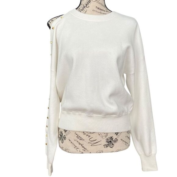 ALICE + OLIVIA - Michael Crewneck Pullover with Cut Shoulder Soft White/Gold SP - Picture 4 of 15